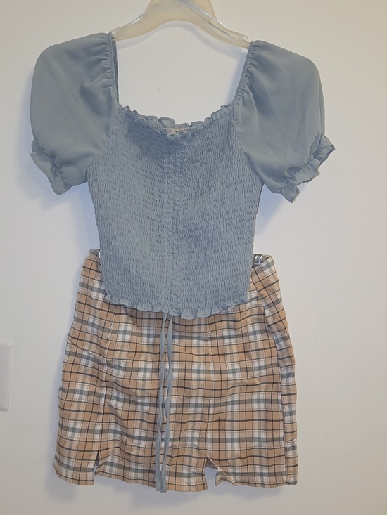 Papaya Tops - Women’s Plaid Mini Skirt in Beige and Blue